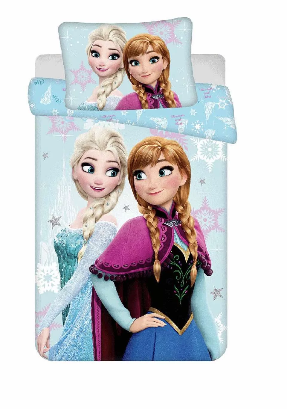 Jégvarázs – Anna és Elsa világoskék hópelyhes gyerek ágyneműhuzat szett